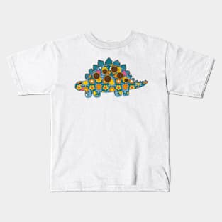 Vintage floral Stegosaurus  Dinosaur on red background Kids T-Shirt